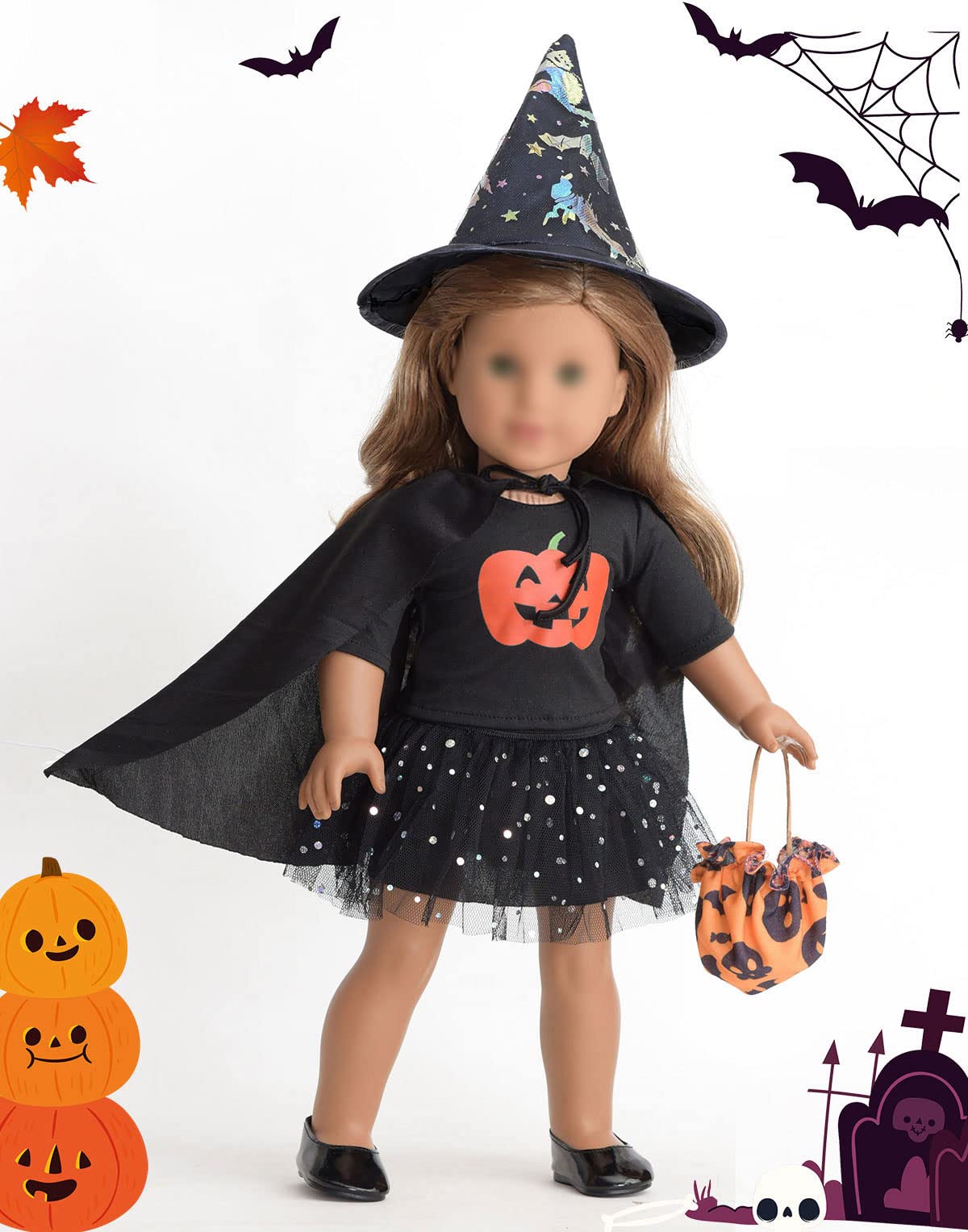 Sweet Dolly 18 Inch Doll Clothes Accessories Halloween Pumpkin Witch Costume Pumpkin Suit Set For 18 Inches Dolls