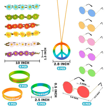 BANBALLON 30 PCS Hippie Party Favors Retro Round Sunglasses Daisy Flower Headbands Peace Sign Necklaces Silicone Bracelets For 6