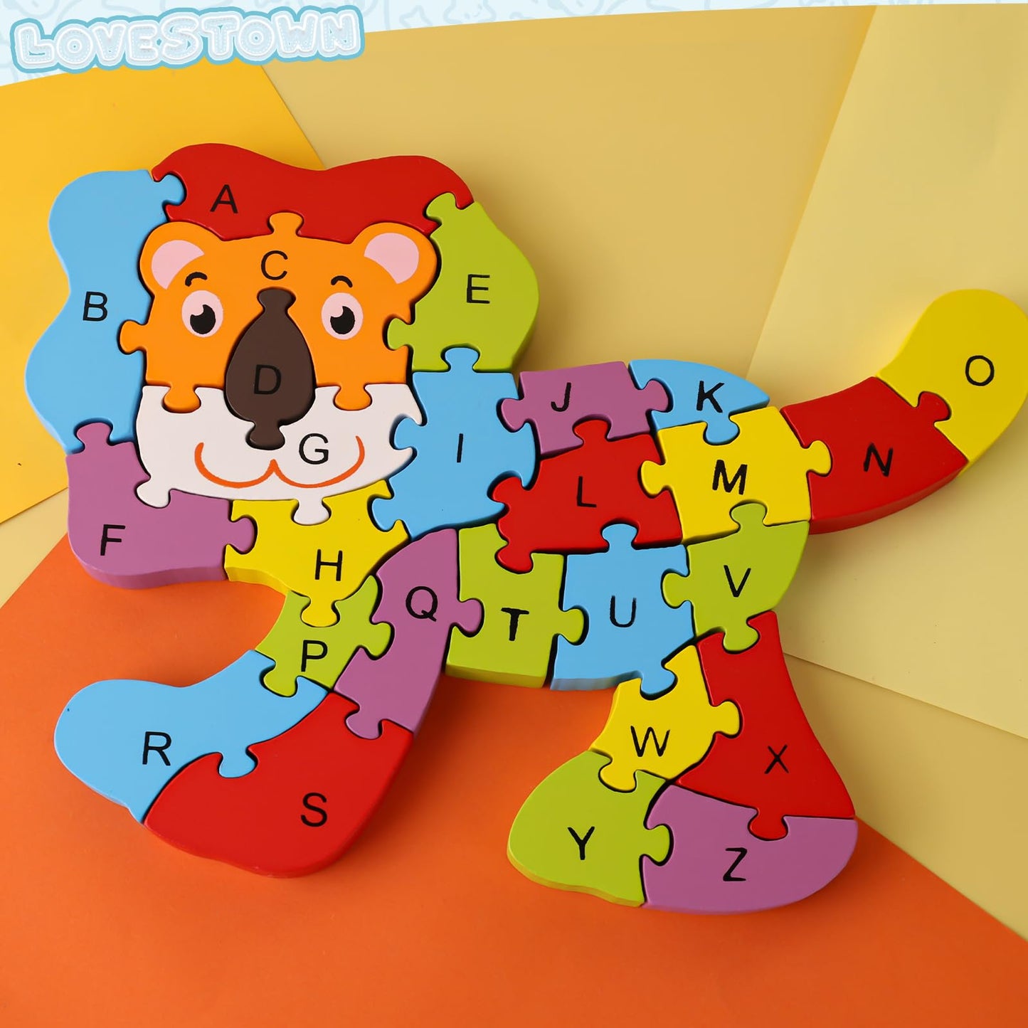 Lovestown Lion Wooden Puzzle, 26Pcs Jigsaw Puzzle Alphabet And Number Blocks Animal Wooden Building Blocks For Kid Preschool Edu