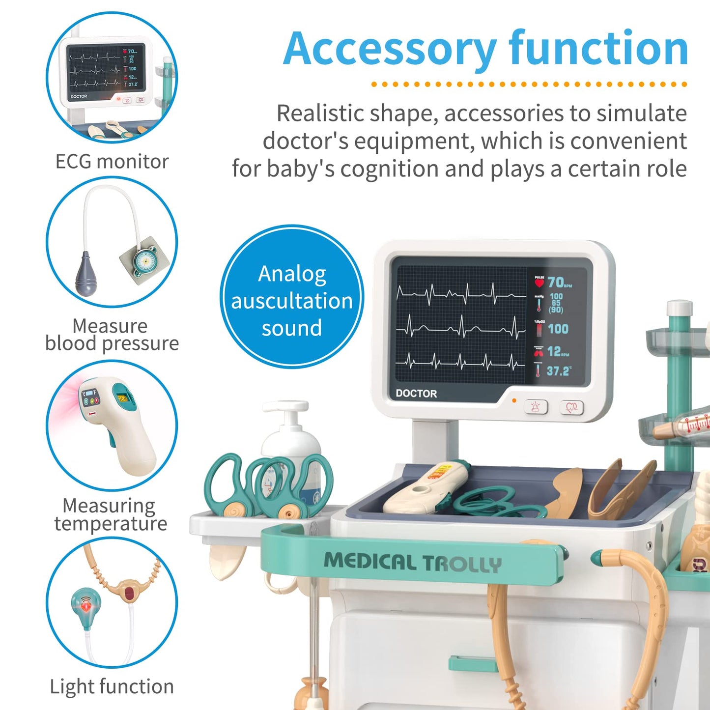 Jovow Doctor Kit for Kids, Pretend Medical Station Set for Boys & Girls, 28Pcs Pretend Play Medical Kit Toy, Mobile Cart with So