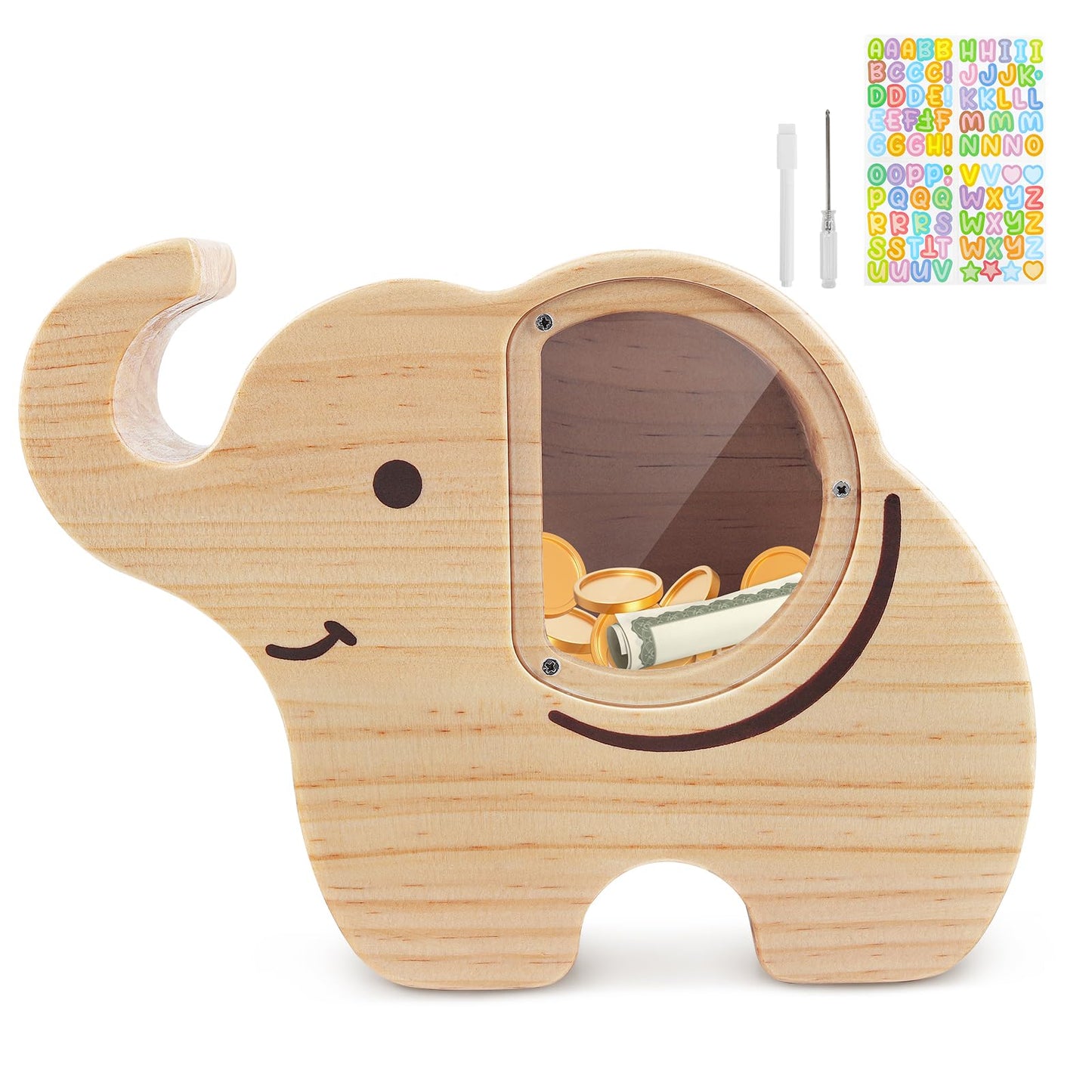 Wooshwa Elephant Piggy Bank For Kids, Wooden Money Bank For Boys Girls Toddler, Unbreakable Bills And Coins Cash Box, Creative S