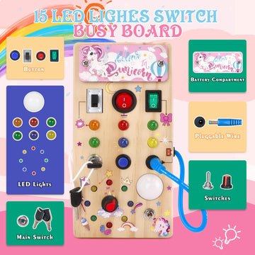 Unicorn Wooden Busy Board Sensory Toys With 8 Led Light Switches,Christmas Travel Toys Montessori Toys For 1 Year Old Babies Too