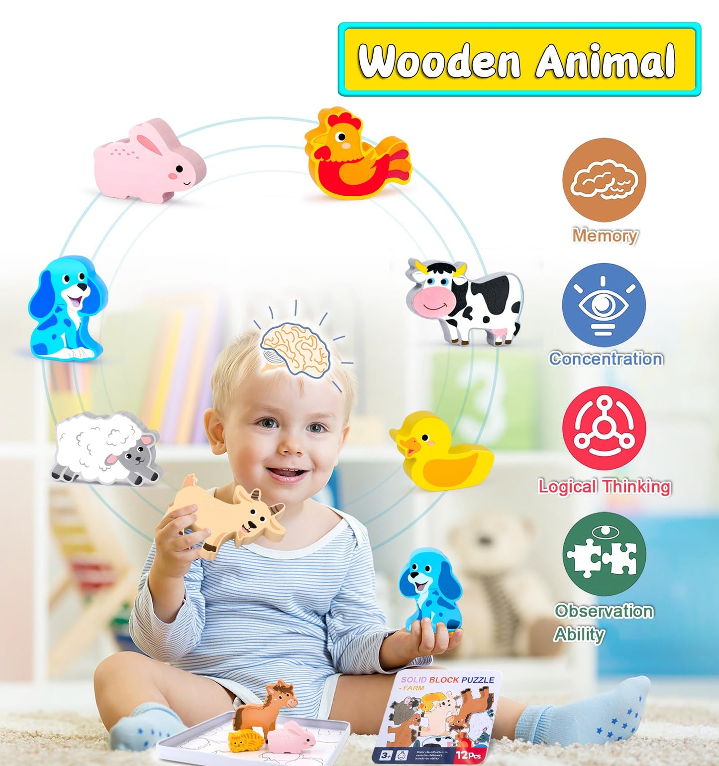 KECIABO Wooden Animal Puzzles Toys for Toddlers,12 Pcs Farm Animal Figures,Animal Matching Sorting Stacking Toys for Boys Child