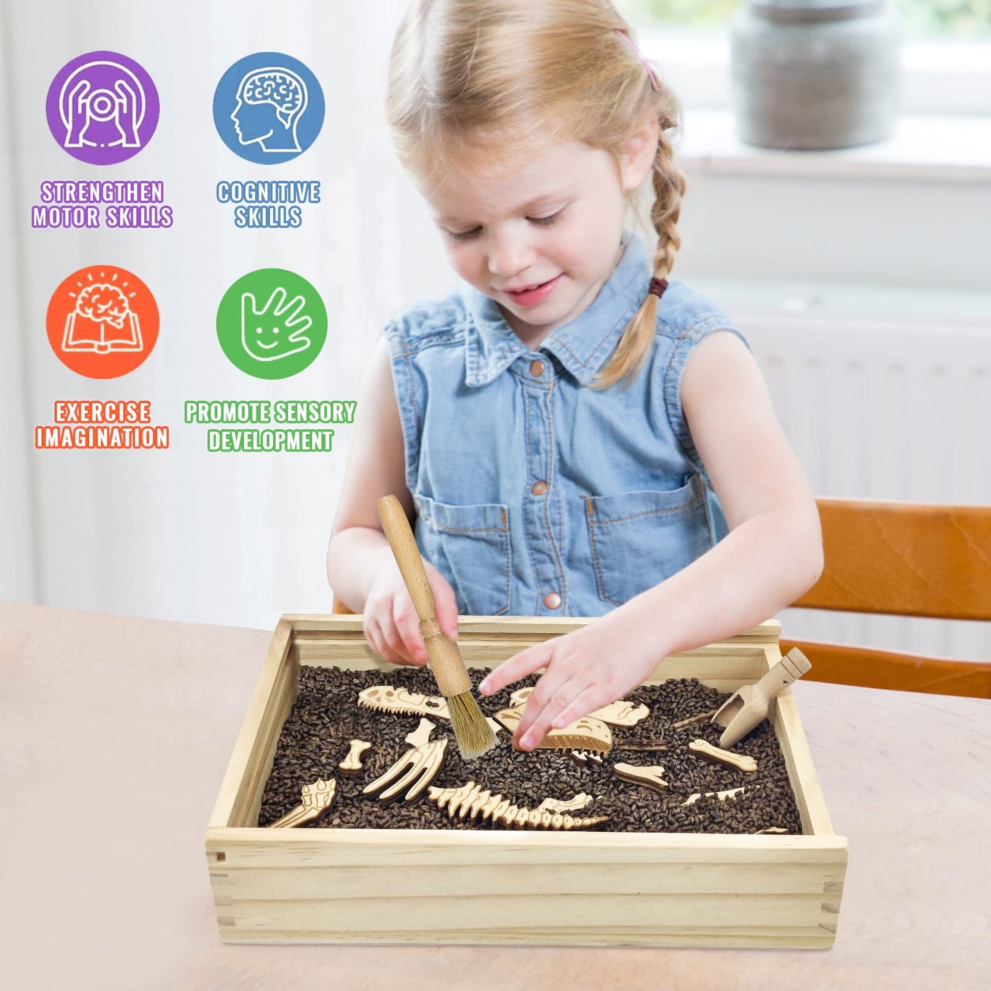 Xylolin Dinosaur Excavation Kit - Sensory Bin Toys for Kids, Medium Size, Brown, Includes Dino Skeletons and Bones Puzzle Game