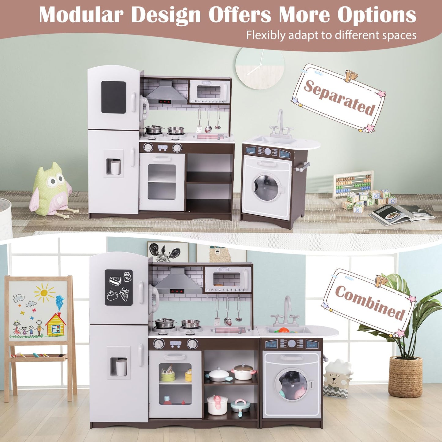 HONEY JOY Kids Kitchen Playset, 2-Piece Modular Wooden Play Kitchen for Toddlers & Washing Machine w/Sink, Lighted Range Hood, B