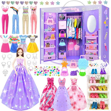 65Pcs Doll Clothes And Accessories With Doll Closet For 11.5 Inch Doll Dress Up Set With 1 Doll Fashion Dresses Outfits Tops And Pants Shoe Rack Bags Gift Toy For Girls 4 5 6 7 8 9 10 Years