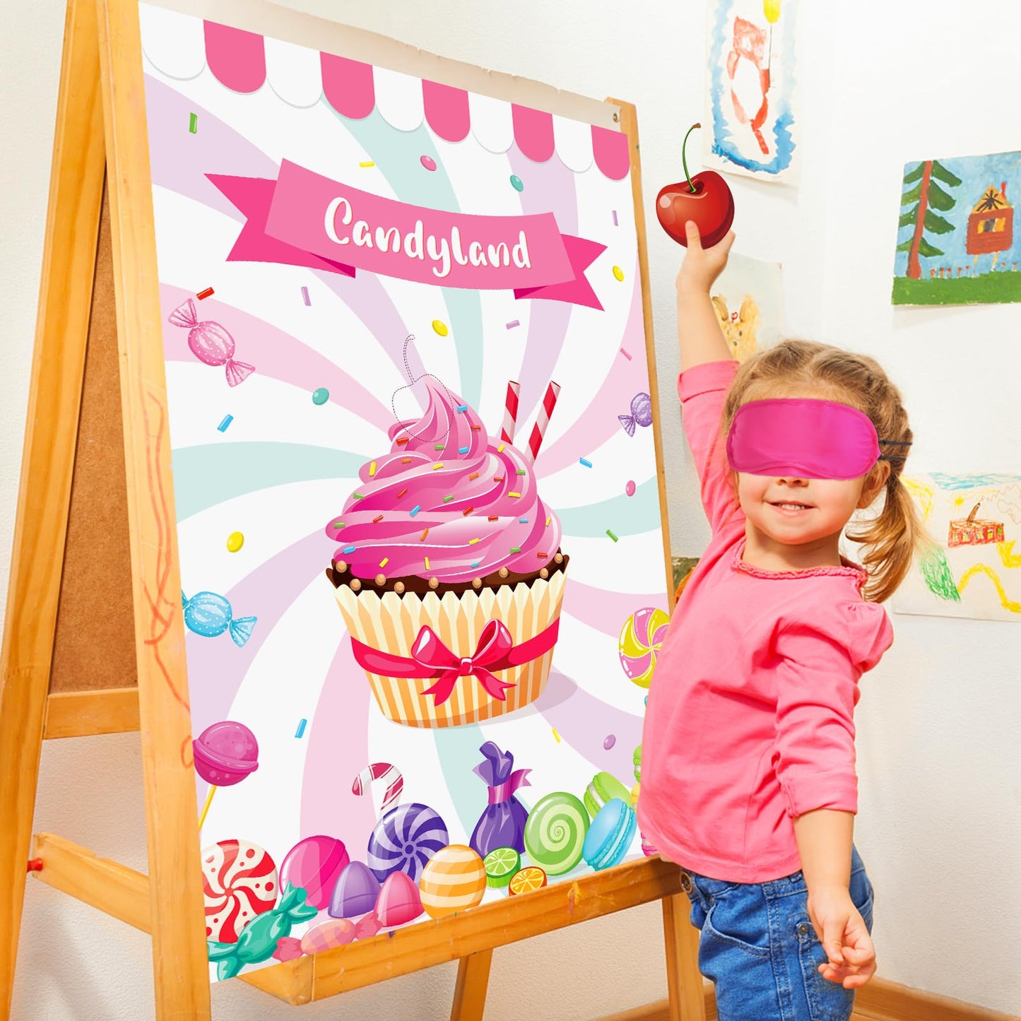 Pin The Cherry On The Cupcake Game For Kids Birthday Pin Game Girls Birthday Party Games Candy Land Party Decorations, Large Candyland Game Poster With 36 Cherry Stickers Candyland Party Favors