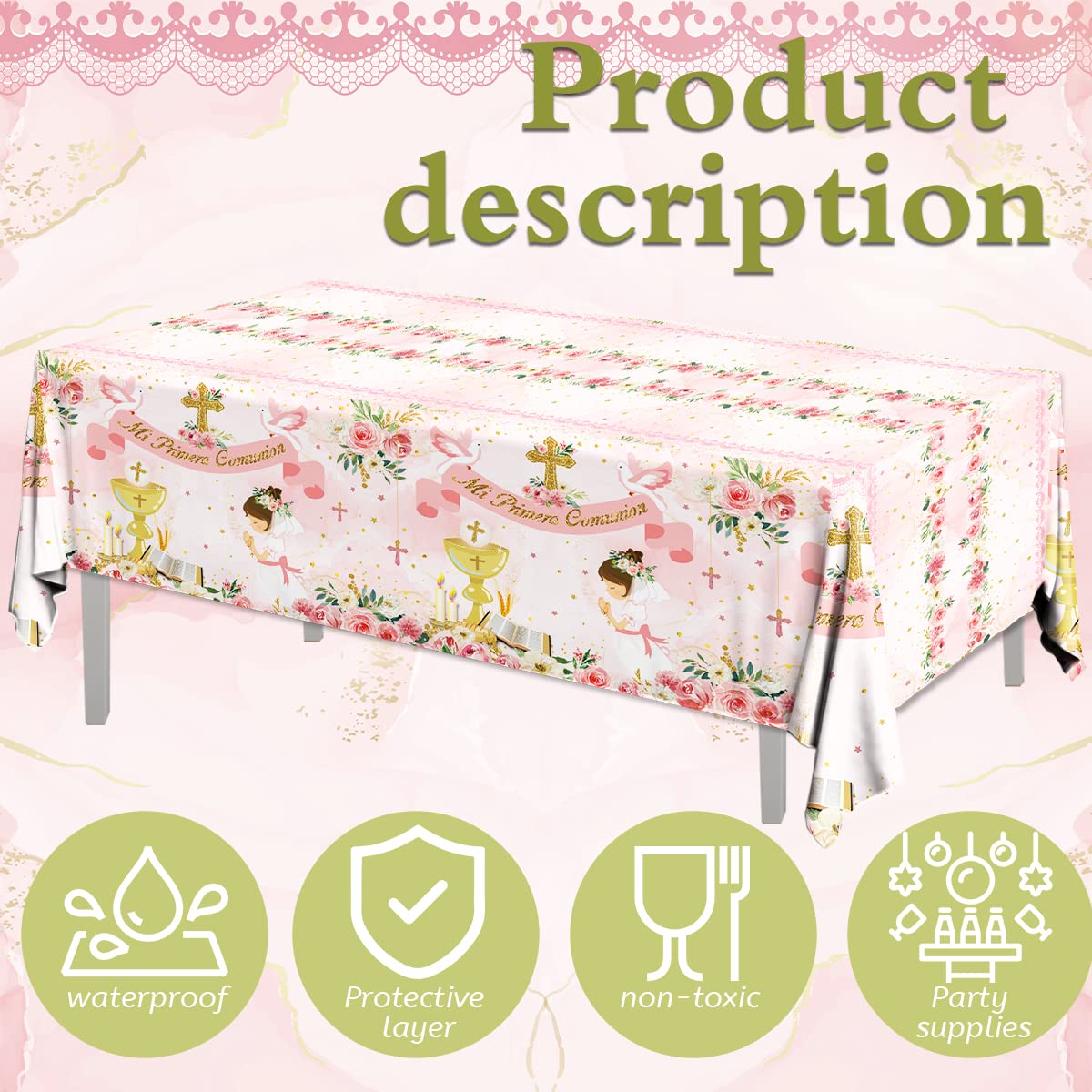 Gupesxu First Communion Decorations-3Pcs Pink Mi Primera Comunion Tablecloth Baptism Table Covers For Girl Newborn Baby Shower T