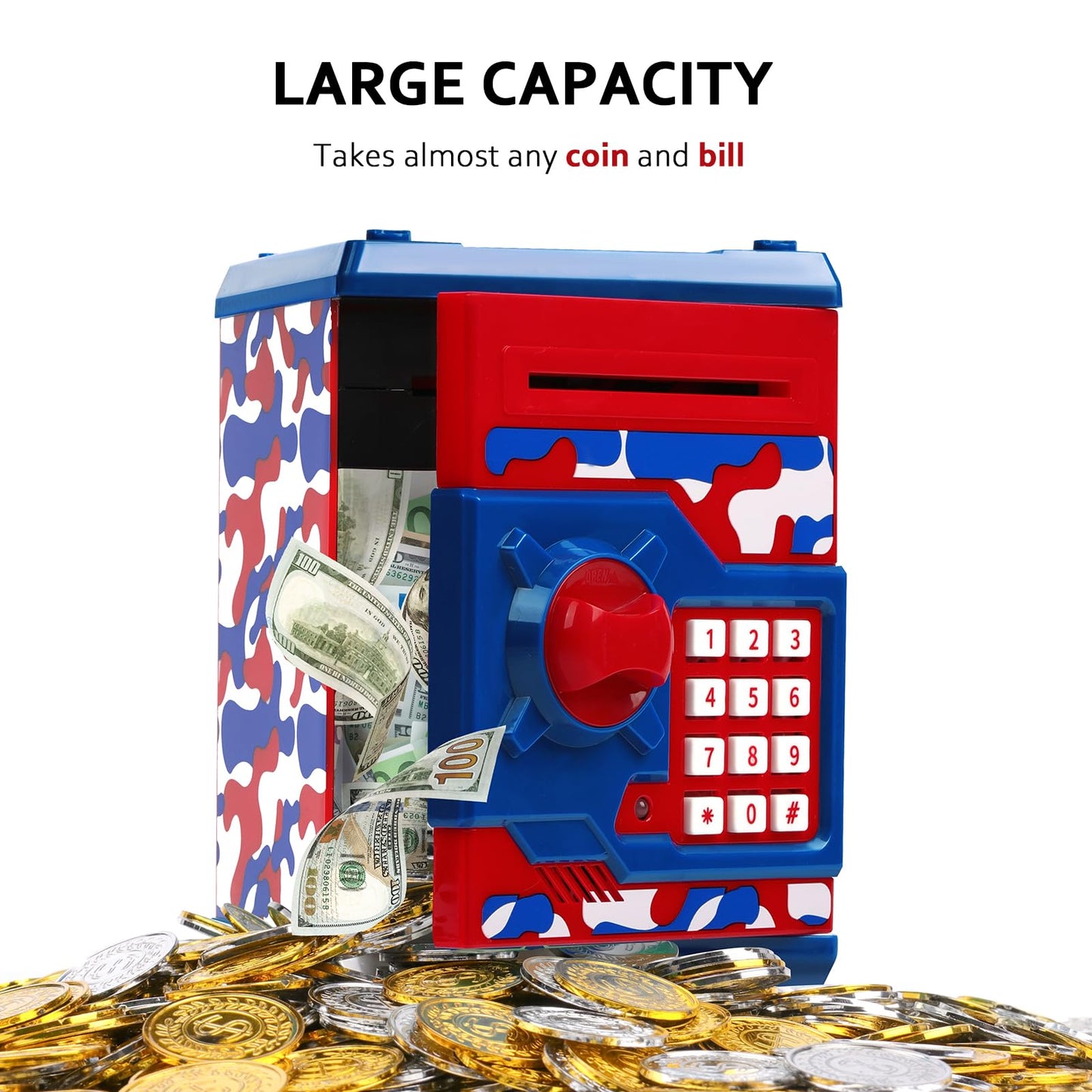 Atm Piggy Bank For Boys Girls, Vcertcpl Mini Atm Coin Bank Money Saving Box With Password, Kids Safe Money Jar For Adults With Auto Grab Bill Slot, Great Gift Toy Bank For Kids (Camouflage Red Blue)