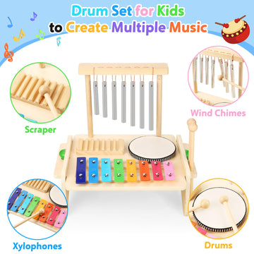 BCY hohipi Kids Drum Set - Wooden Musical Instrument for Toddlers, Rosewood & Birch, Model LS24, Includes Xylophone & Wind Chime