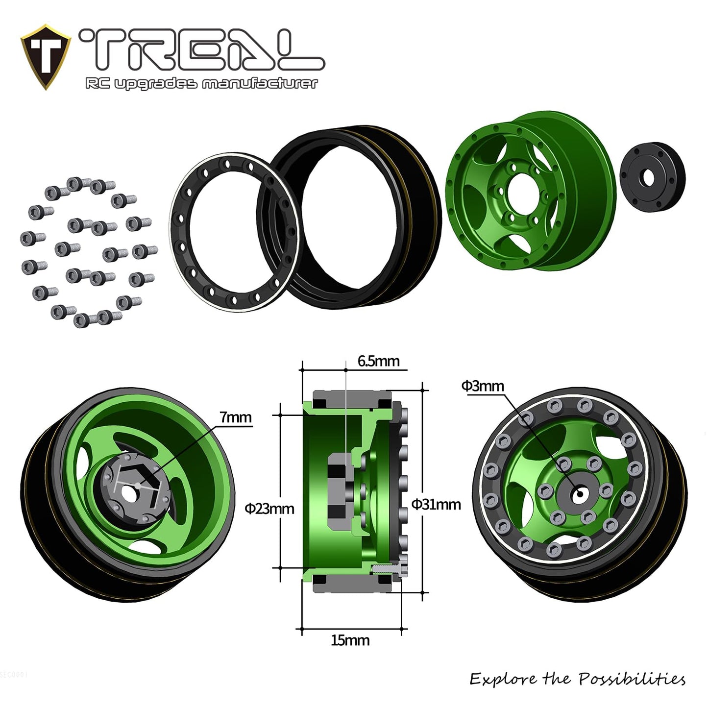Treal 1.0 Beadlock SCX24 Wheels (4P) Classic 5-Star 1 Micro Beadlock Wheels for Axial 1/24 Deadbolt C10 Betty Gladitor Bronco 27