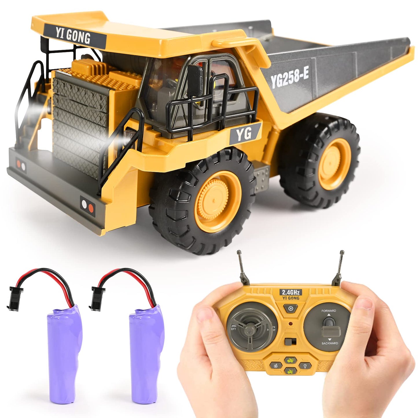 KidsFaves Remote Control Dump Truck Toys 9 Channel 2 Batteries RC Construction Toy Vehicles with Metal Bed Lights/Sounds, Birthd