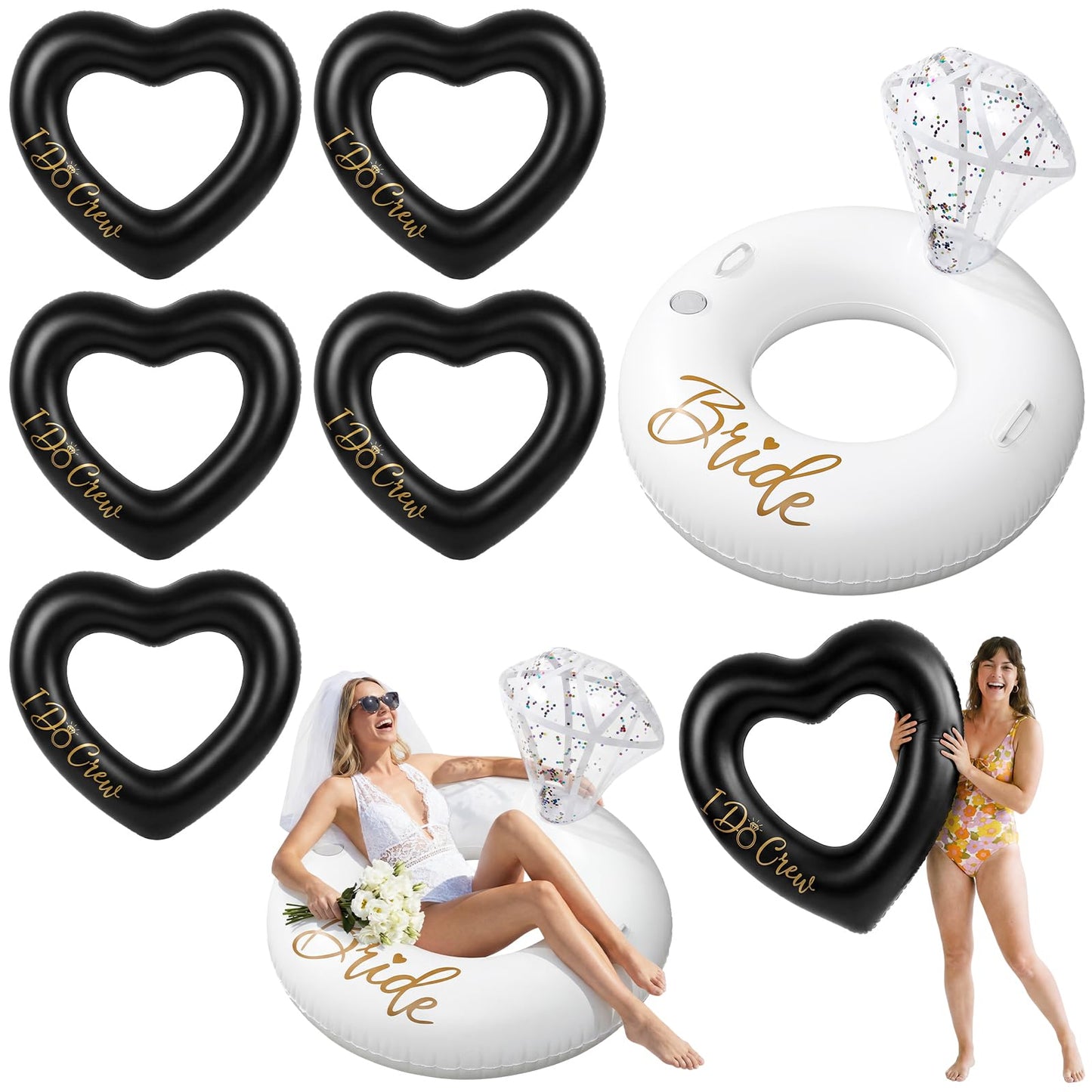 Thenshop 6 Pcs Black Bachelorette Pool Floats - Bride or Die Party Decorations - 1 Diamond Ring & 5 Heart Loungers - Gothic Wedd