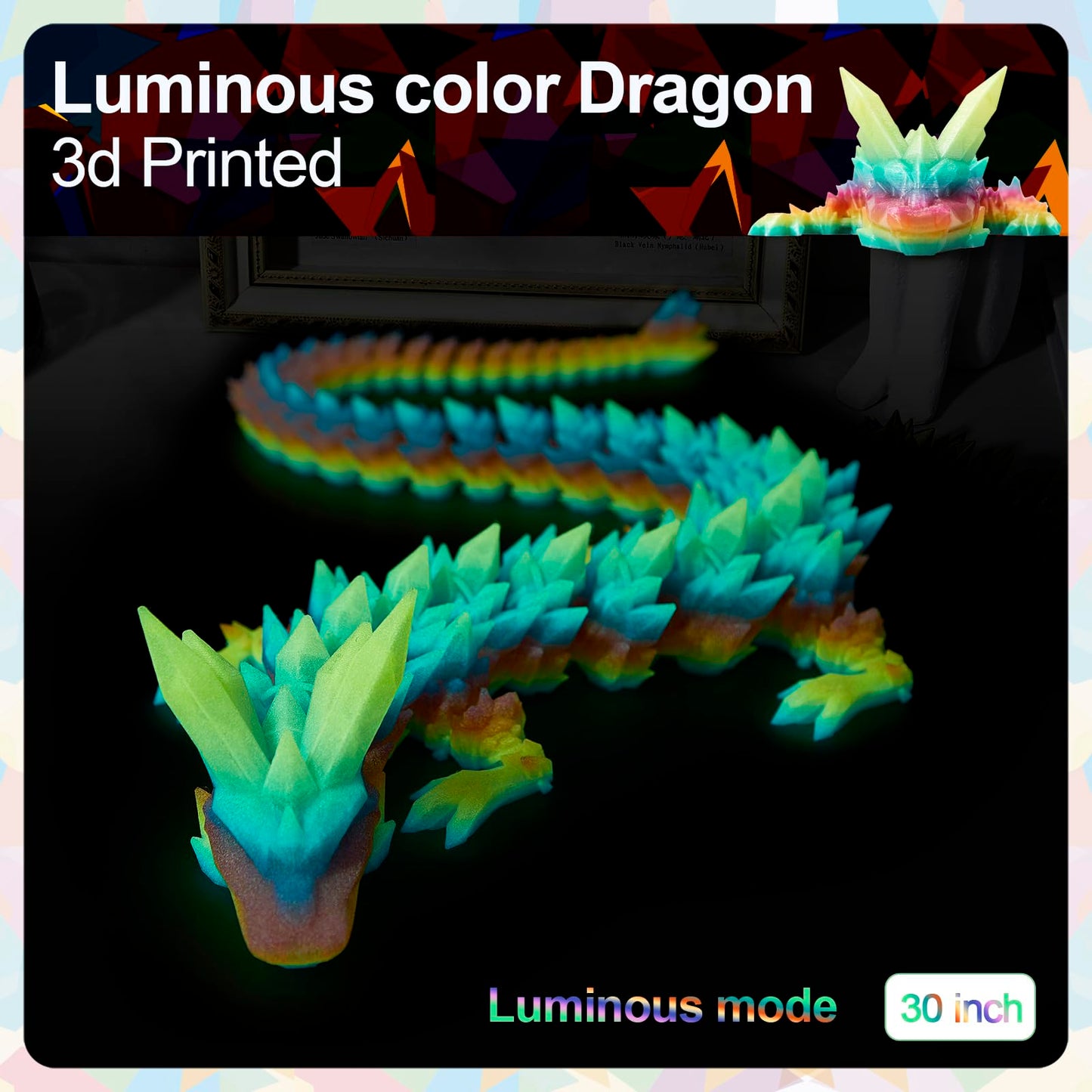 Meet Gladness 30 In 3D Printed Dragon, 30Inch Dragon,3D Dragon Toy,Large Dragon Present,Ariculated Crystal Dragon(Luminous Rainb