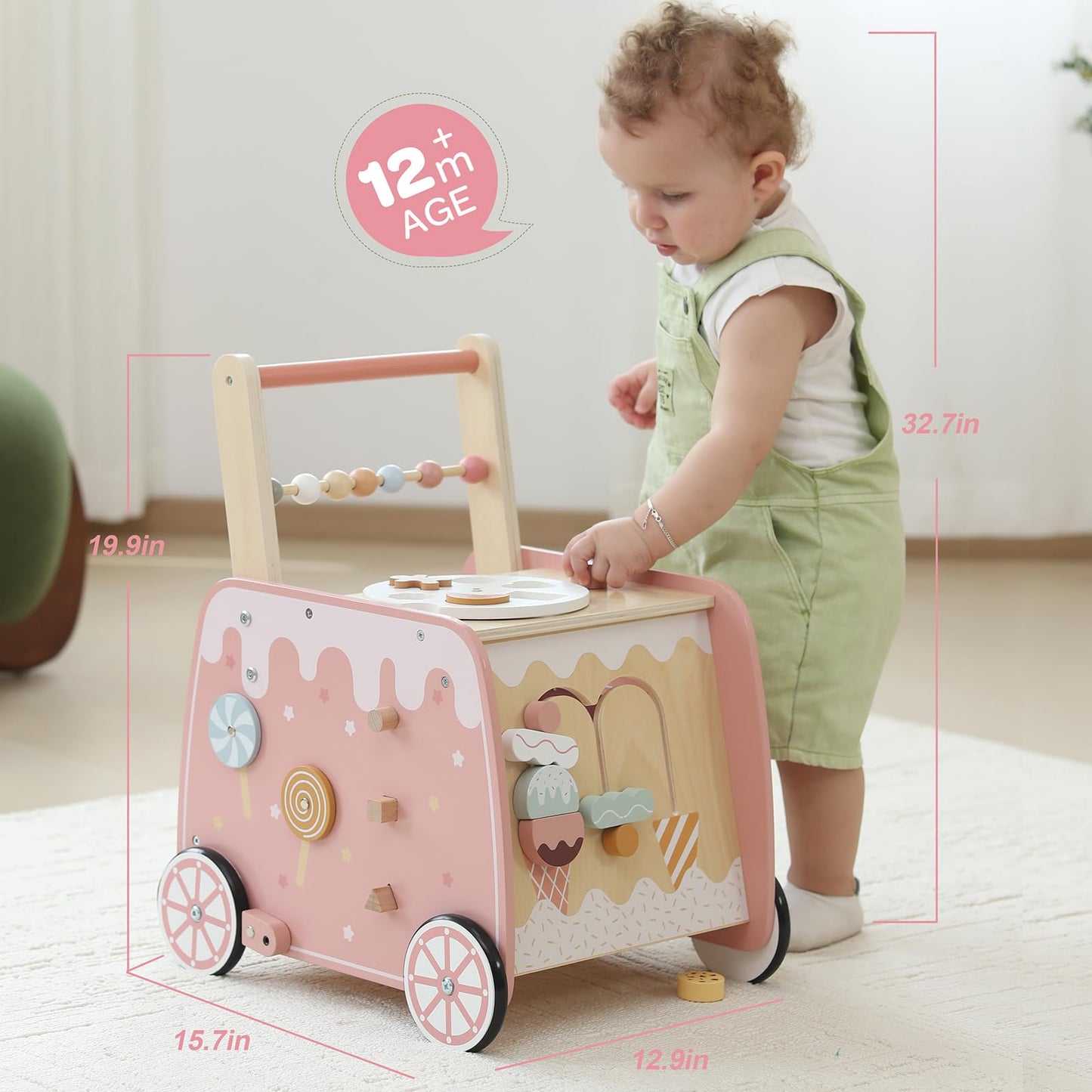 Wooden Baby Walker, Multifunctional Ice Cream Cart Activity Toy For Learning To Push Walk With Wheels, Pretend Playset Ideal For