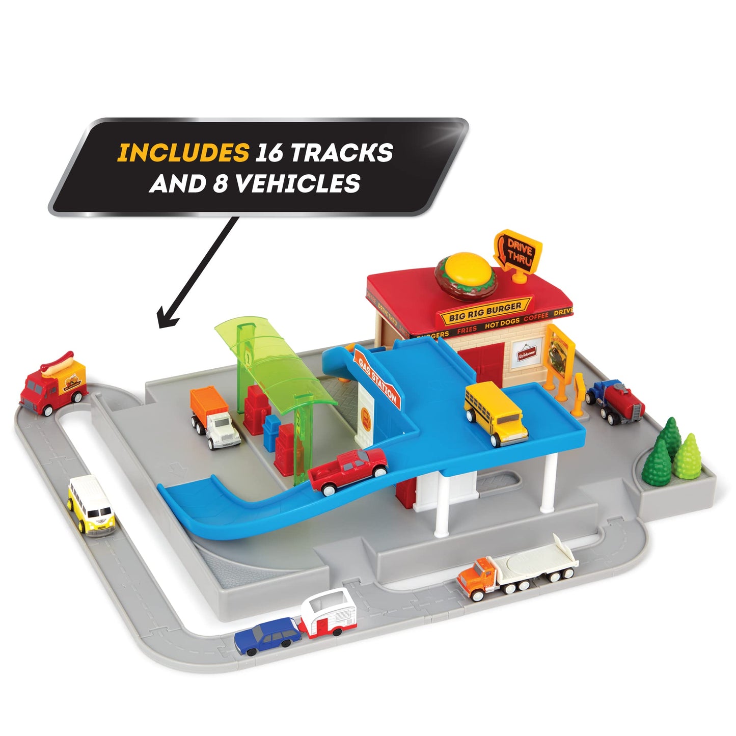 Driven By Battat - 25Pc Drive-Thru Playset - Mini Car Track Set - Food Truck, School Bus, Pick-Up, Camper Van & More - Gift Car