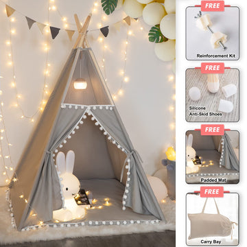 Teepee Tent For Kids With Padded Mat, Grey Foldable Play Tent With Carry Bag For Indoor Outdoor, Pompom Lace Cotton Canvas Playhouse Tipi For Girls Boys
