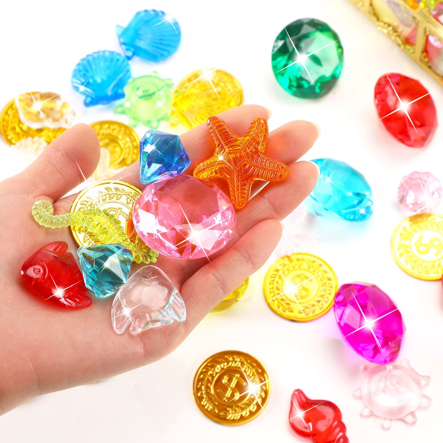 Marforever 70 Pcs Diving Gem Pool Toys -10 Colorful Big Acrylic Diamond Pool Gem Set With 2 Treasure Pirate Boxes Summer Swimmin