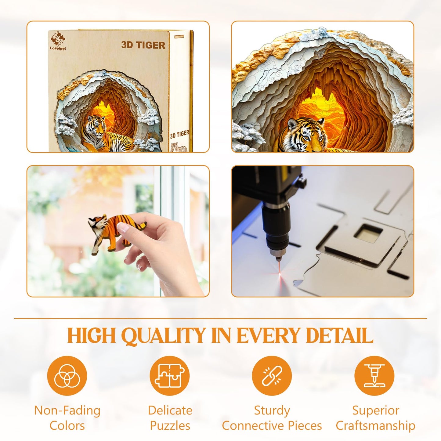 Lovpippi Wooden 3D Tiger Puzzle for Adults, 300pcs, Large 13.4in, Unique Animal Jigsaw Gift for Puzzle Lovers