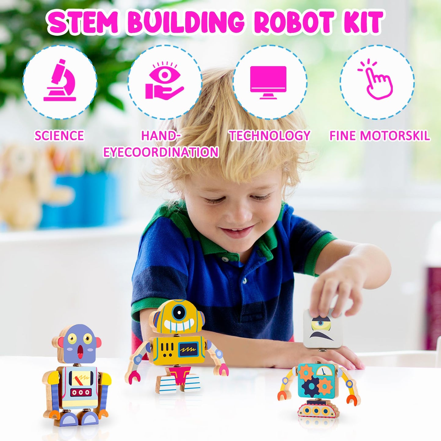 Hdsahdok Wooden Snap Together Robot Toys, Fine Motor Building Robot Blocks For Kids, Stem Montessori Educational Learning Toy, G