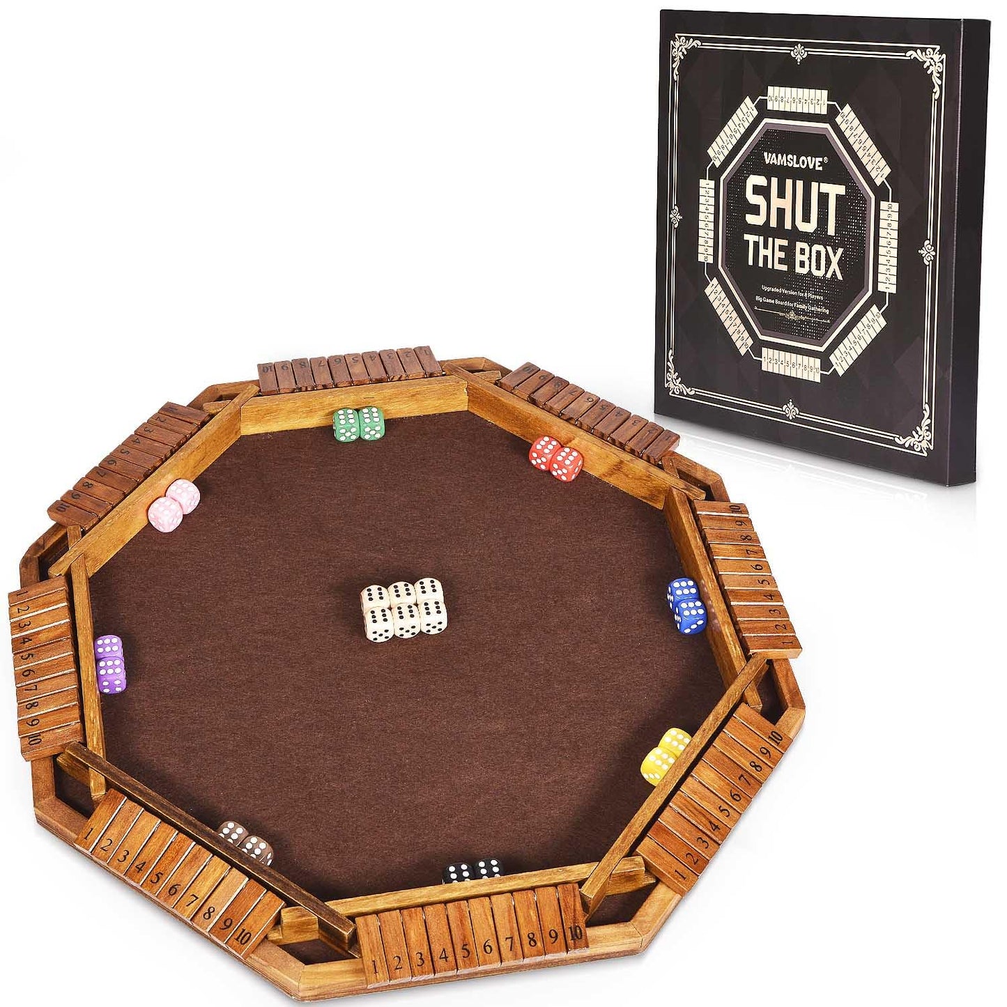 Vamslove Shut The Box Dice Game For 8 Players Upgraded Wooden Board Table Math Game With 16 +6 Dices - Educational Game For Kids, Adults (Instruction Included)