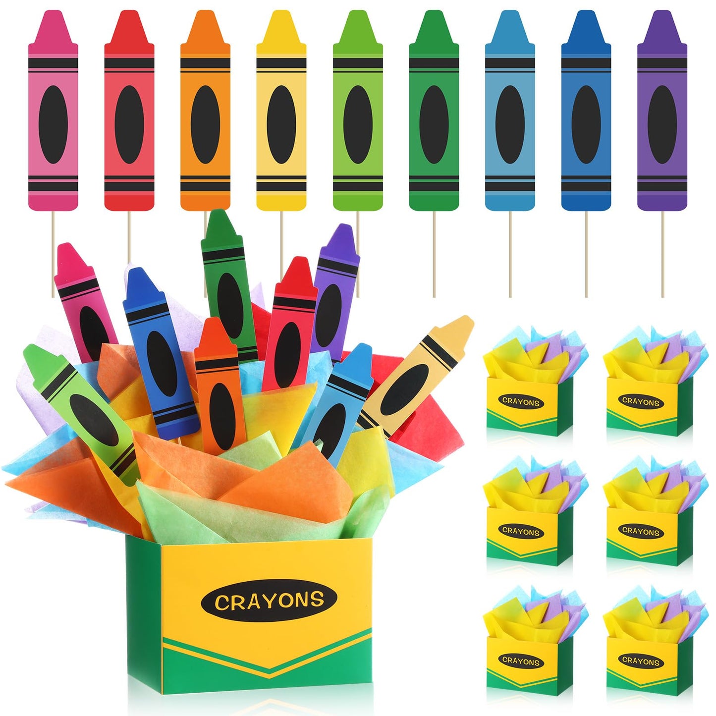 Fuutreo 6 Sets 96 Pcs Crayon Themed Party Centerpieces Decorations Back to School Table Toppers with Paper Box Crayon Cutouts Ti