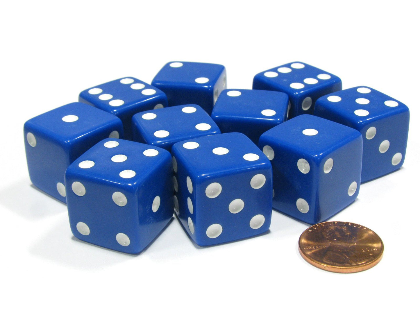 Set of 10 Large Six Sided Square Opaque 19mm D6 Dice - Blue with White Pip Die