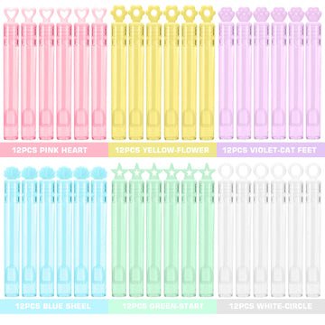 72 Pack(6 Colors 6 Style) Mini Bubble Wand Assortment Toy, Ideal Party Favors for Kid Birthday, Bubble Bulk Party Supplies, Spri