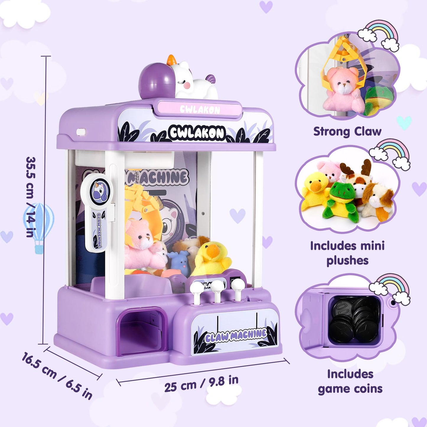 Cwlakon Claw Machine For Kids, Mini Vending Machine Unicorns Toys With Sound For Girls Age 3+, Candy Grabber Prize Dispenser Mac