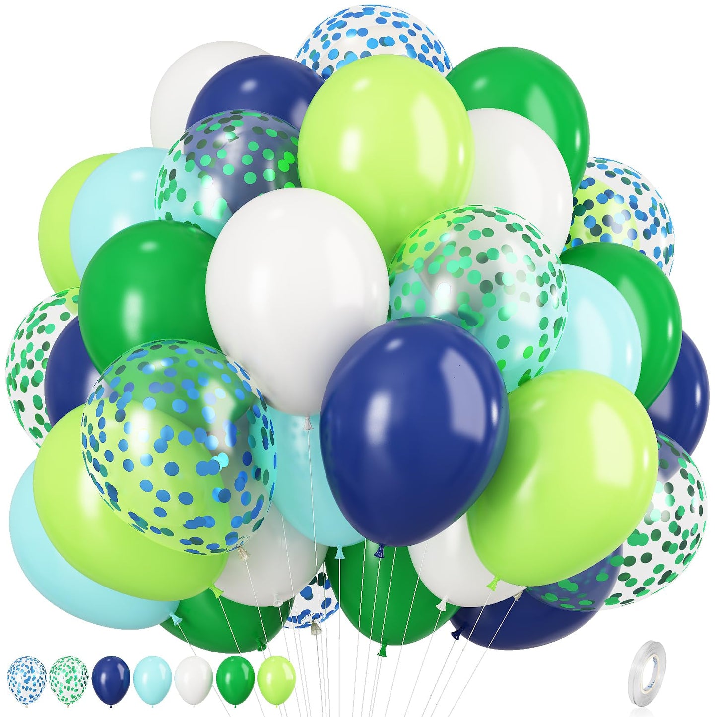 Blue And Green Balloons, 12 Inch Navy Blue Dark Green Balloons, Fruit Green Teal Blue White Latex Balloons With Blue Green Confetti Balloon For Birthday Football Video Game Jungle Dinosaur Theme Party