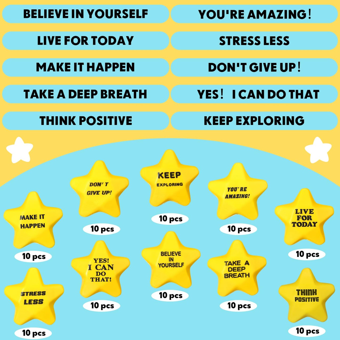 Silipull 100 Pcs Motivational Star Stress Balls Bulk Anxiety Stress Relief Balls Mini Foam Stress Balls Inspirational Foam Balls