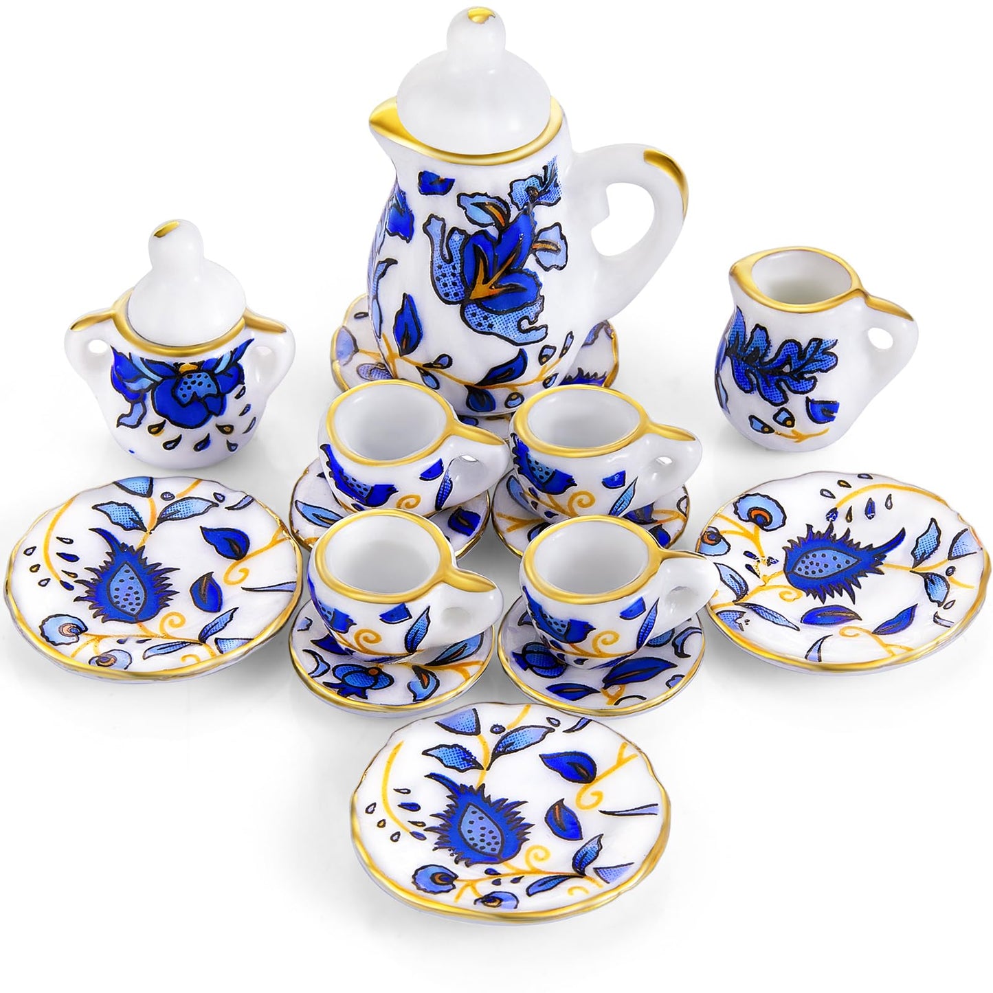15 Pieces Miniature Porcelain Tea Cup Set Kitchen Miniature Porcelain Set Mini Flower Pattern Teapot Cup Plates Dollhouse Kitchen Accessories(Retro Flower Style)