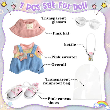 7 Pcs Clothes for Popular Dolls - 17cm - Pink Sweater + Overall + Pink Hat + Glasses + Shoes + Kettle + Rainproof Bag- enhanced Doll Outfit Accessories for Play & Display (No Doll)
