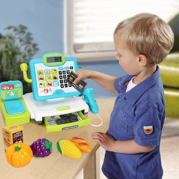 Fs Pretend Play Cash Register Toys With Scanner, Calculator, Large Drawer, Microphone, Play Food, Supermarket Cashier Register T