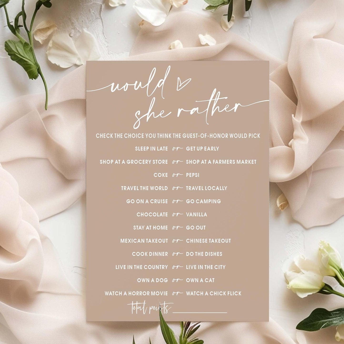 Bridal Shower Games Cards, Would She Rather Bridal Shower Game for 25 Guests, Engagement Party Wedding Games for Guests, Minimal