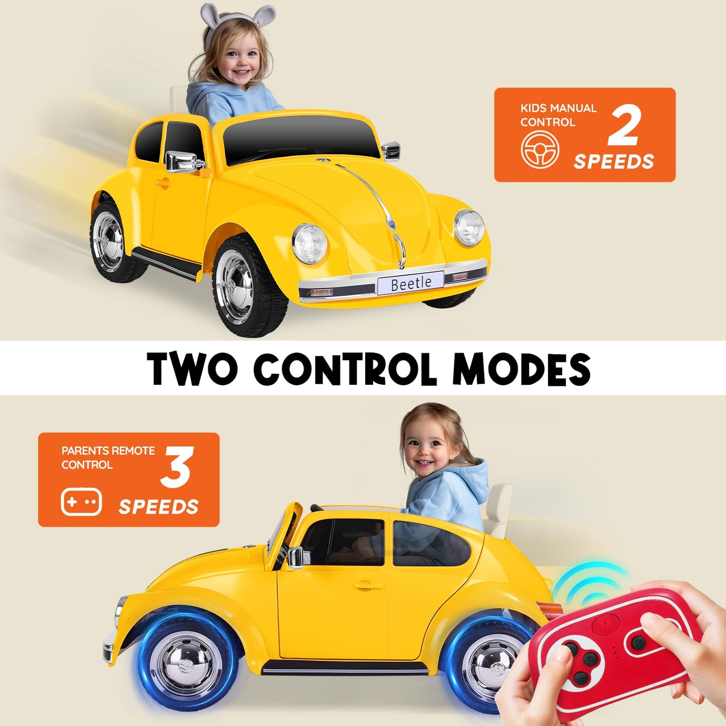 Xcar 12V Electric Car For Toddlers, Ride On Car With Remote Control, Led Light, 3 Speeds, Music, Bluetooth, 3-5 Years Old, Yello