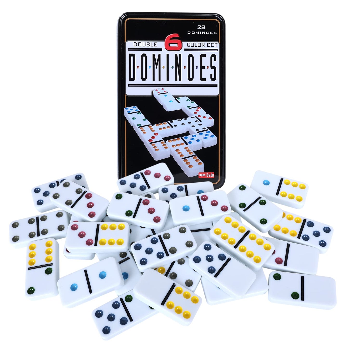 Offelec Double Six Dominoes, 28 Tile Colored Dots Domino Game Set With Tin Box, Classic Family Board Games For Kids, Adults And