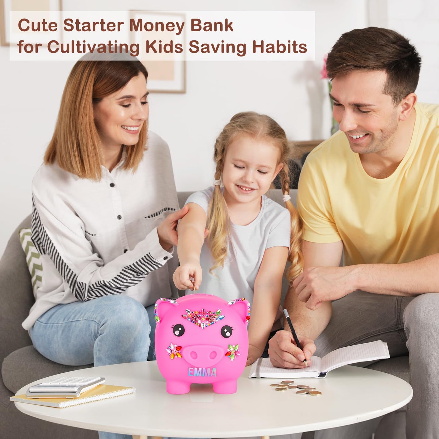 Piggy Bank Girls, Unbreakable Piggy Banks Large Money Coin Bank For Kids With Diy Stickers, For Birthday, Easter, Baby Shower, Fuchsia