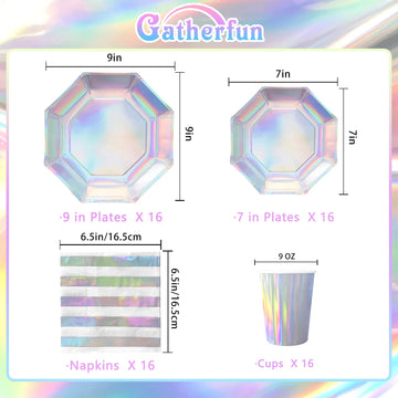 Gatherfun Iridescent Party Supplies - Disposable Paper Plates, Cups and Napkins, Ideal for Birthday, Mermaid Themed Events & Bir