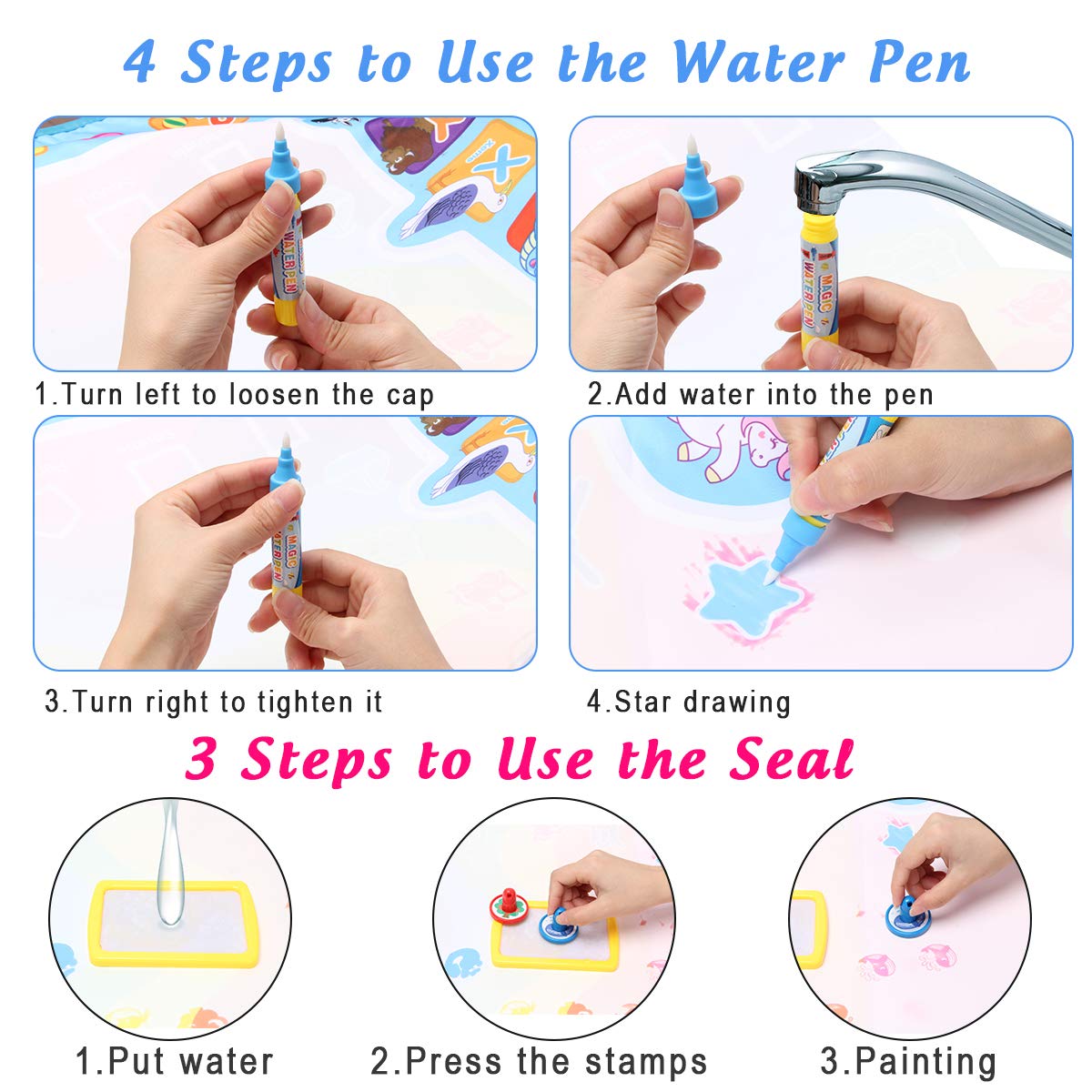 Water Magic Mat, Wiwaplex Large Water Colorful Mat, 40X40 Inch Kids Painting Writing Mat Board Toy - No Mess Drawing Mat With 21