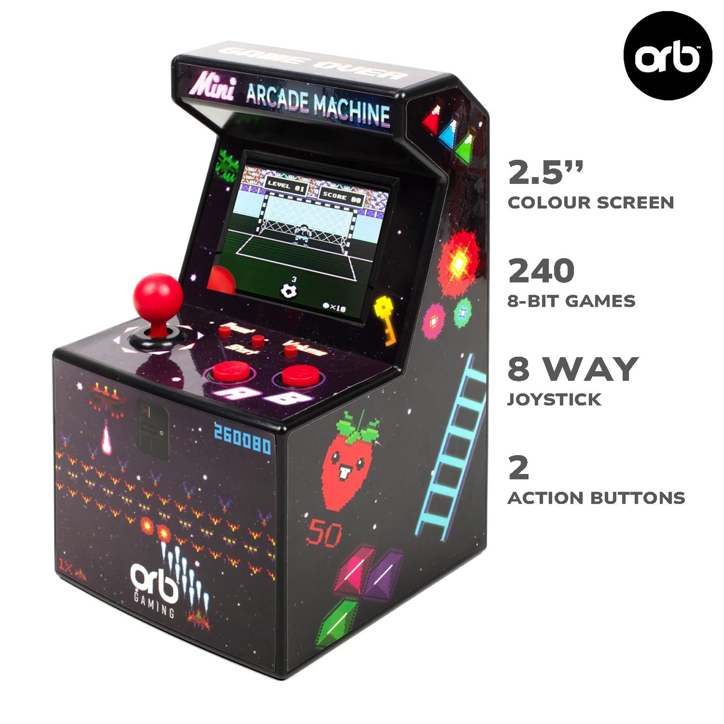 Thumbs Up Mini Arcade Machine, 240 In-Built Games, 8-Bit Retro Arcade Games, 2.5 Full Colour Screen, 8-Way Joystick, 2 Button
