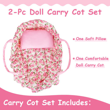 Rakki Dolli Doll Carry Cot Set, Sweet Dreams Soft Bassinet Doll Carrier Includes 1 Cot And 1 Pillow, Pink Flower Doll Bassinet,