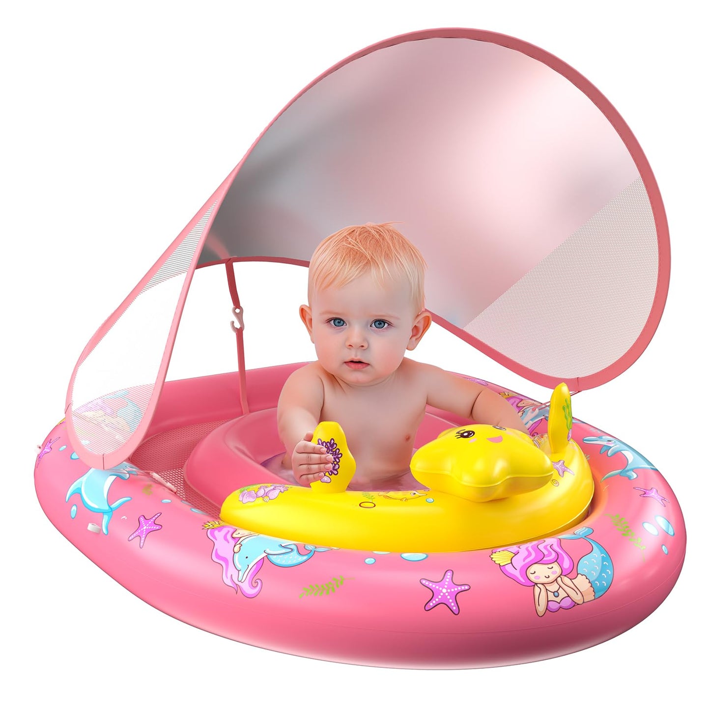 Baby Pool Float With Canopy Upf50+ Sun Protection, Baby Swimming Float With Toy Play Console, Toddler Pool Floats With Adjustabl