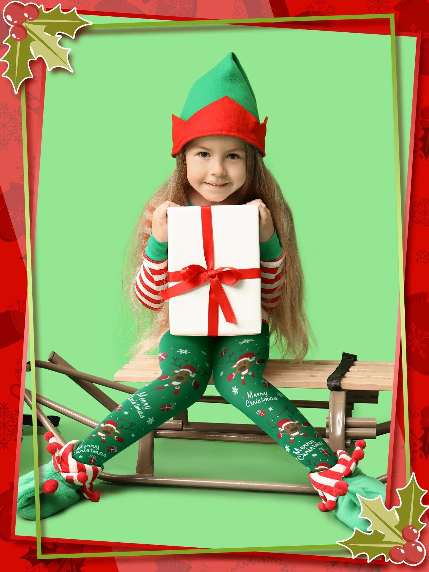 Bencailor 3 Packs Girls Christmas Tights Set Little Girls Christmas Stockings Xmas Footed Leggings For Girls 5-10 Years Old(Sant