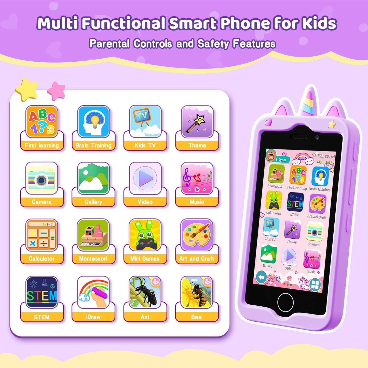 Kids Smart Phone for Girls, 4.0'' Touchscreen Learning Music Puzzle-games Toddler Phone for Kids Ages 3-9, Dual Camera,Built-in