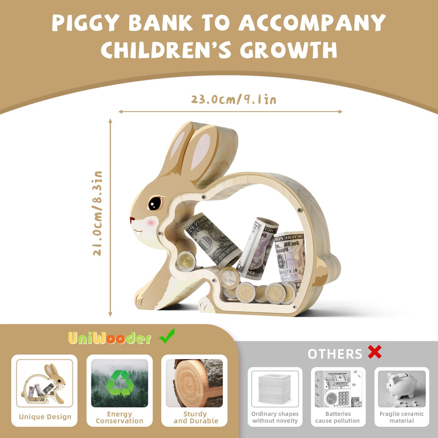 Wooden Bunny Piggy Banks For Kids, Unbreakable Rabbit Coin Bank For Kids With Letter Sticker, Wooden Cashbox Money Jar Personali