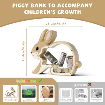 Wooden Bunny Piggy Banks For Kids, Unbreakable Rabbit Coin Bank For Kids With Letter Sticker, Wooden Cashbox Money Jar Personali