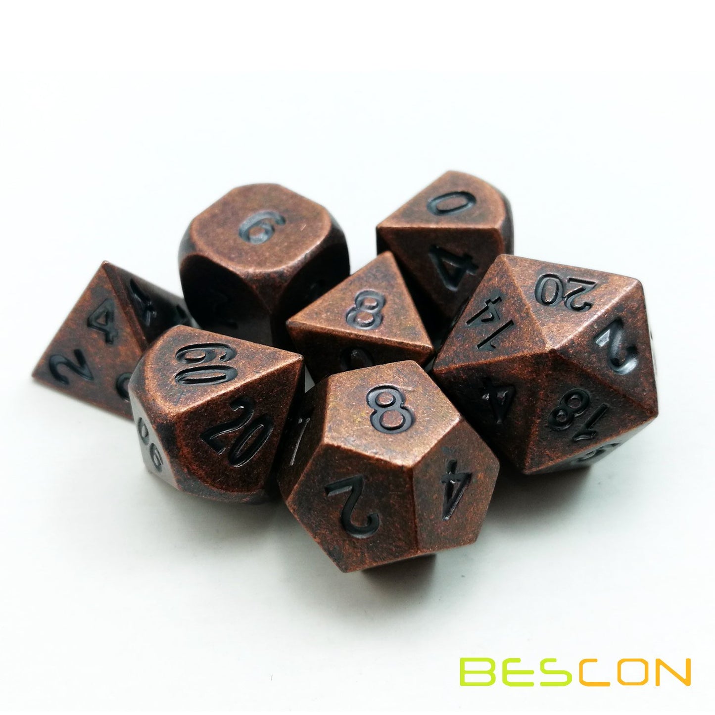 Bescon Antique Copper Solid Metal Polyhedral D&D Dice Set Of 7 Old Copper Metal Rpg Role Playing Game Dice 7Pcs Set