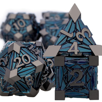 ORIFANTOU 7PCS Metal DND Dice Set Black Blue D&D Dice with Box, Debris RPG D and D Dice Dungeons and Dragons Role Playing Game P