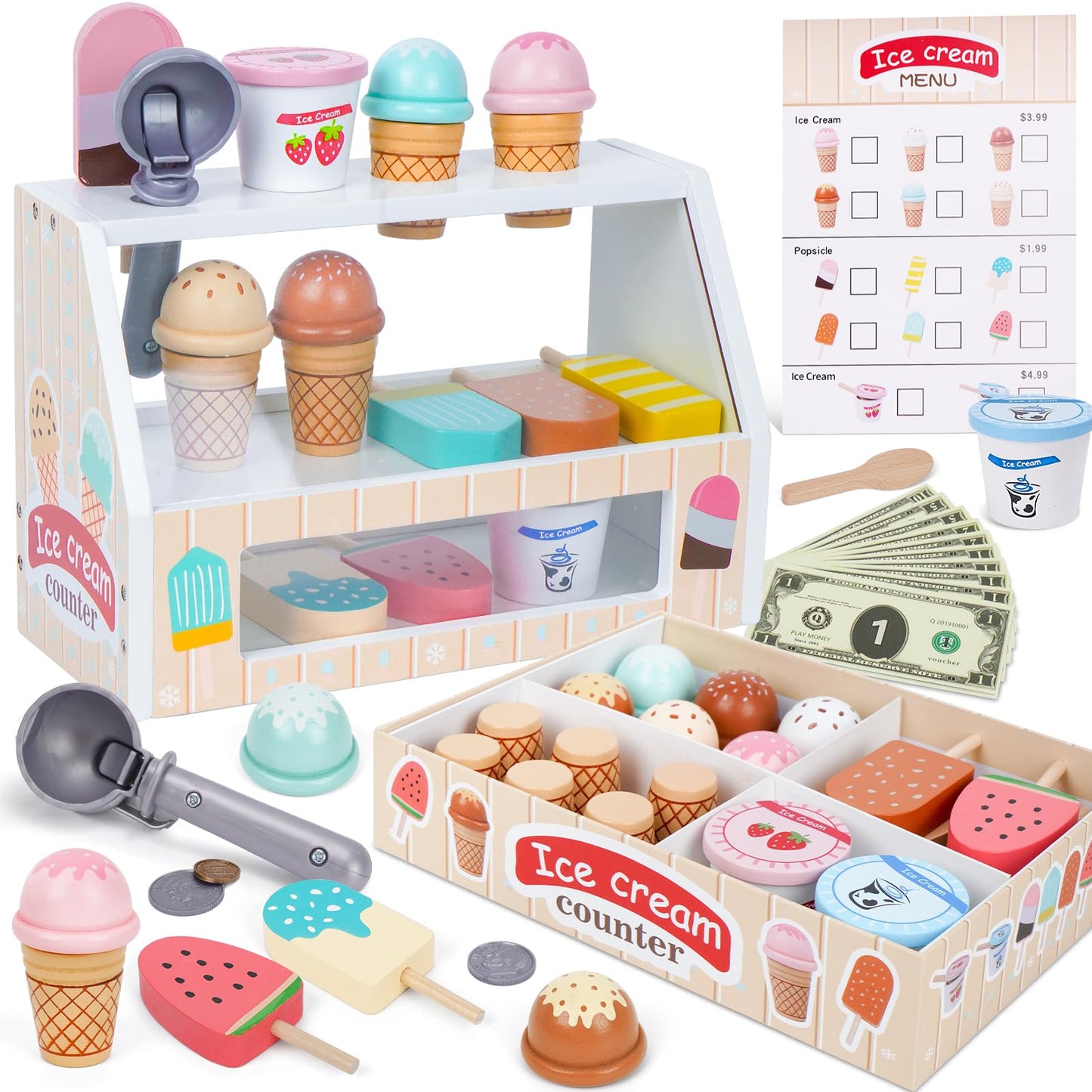 Wooden Ice Cream Counter Playset for Kids, Toddler Girl Toys Kitchen Playset Pretend Play Gifts for 3 4 5 6 Year Old Girl or Boy